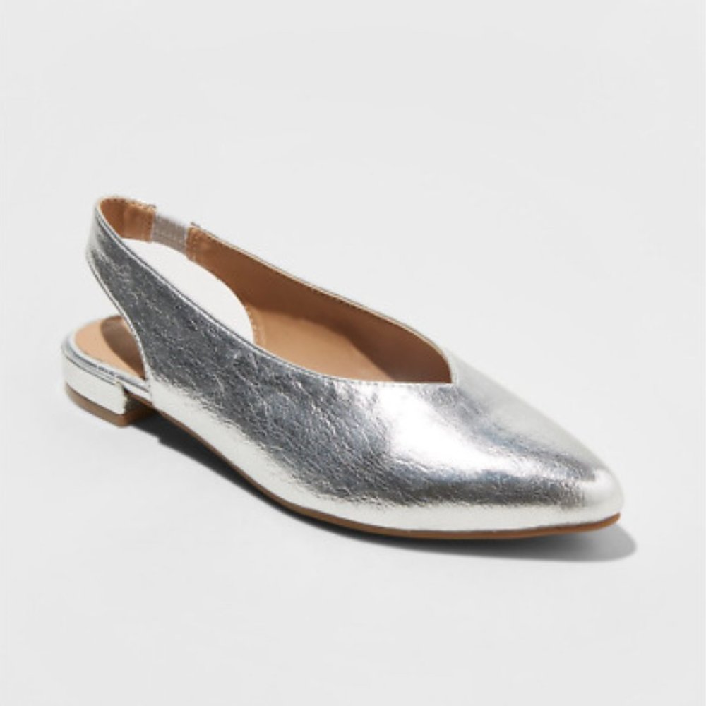 A New Day Silver Pointy Sling Back Flats 9.5